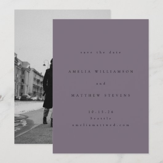 Minimalistisch Boho Dusty Lila Foto Wedding Save The Date (Vorne/Hinten)