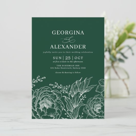 Minimalistisch Boho Emerald Green White Wedding Einladung (Stehend Vorderseite)