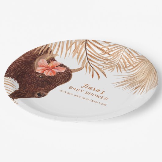 Minimalistisch Boho Floral Holy Cow Girl Babydusch Pappteller (Schrägansicht)