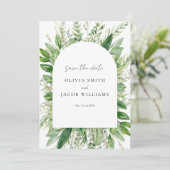 Minimalistisch Boho Greenery Wedding Save The Date (Stehend Vorderseite)