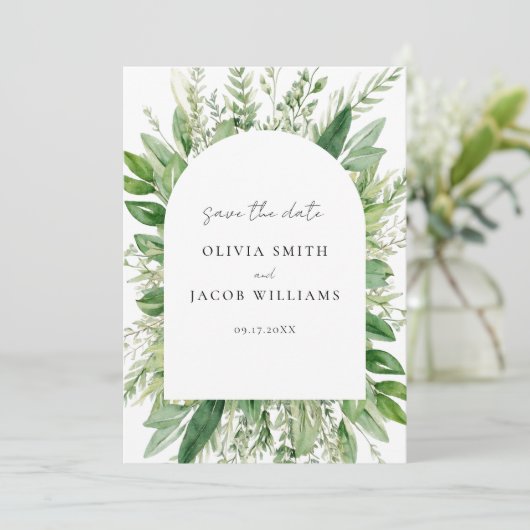 Minimalistisch Boho Greenery Wedding Save The Date (Stehend Vorderseite)