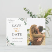 Minimalistisch Boho Greenery White Blume Foto Save The Date (Stehend Vorderseite)