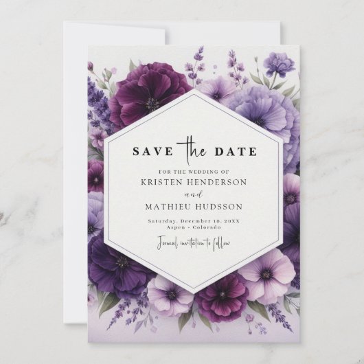 Minimalistisch Boho Lila Blumenhochzeit Save The Date (Vorderseite)