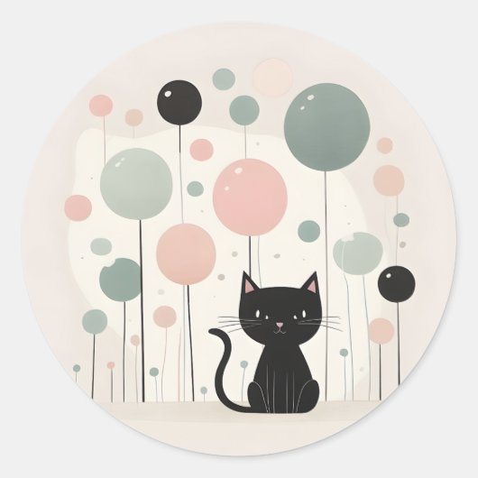 Minimalistisch Boho Niedlich Black Cat mit Balloon Runder Aufkleber (Vorderseite)