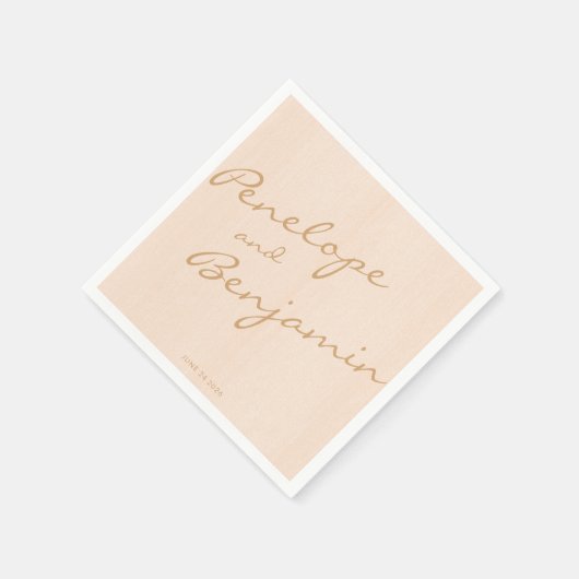 Minimalistisch Boho Peach Gold Script Wedding Cust Serviette (Ecke)
