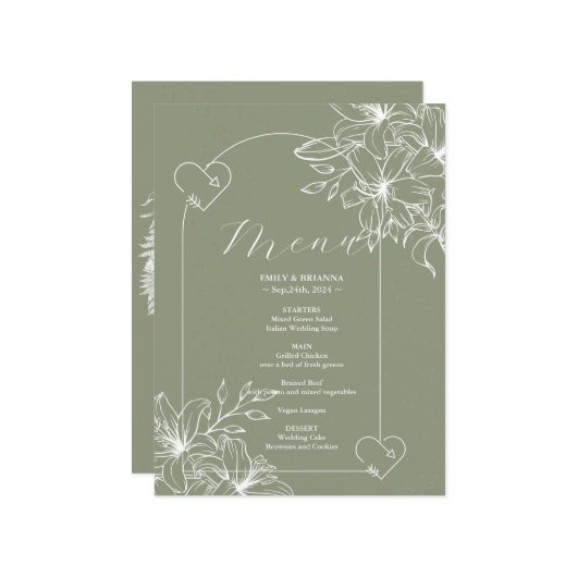 Minimalistisch Boho Sage Green Hochzeit Menükarte (Vorderseite/Rückseite Beispiel)