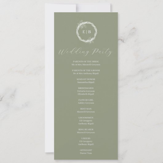 Minimalistisch Boho Sage Green Wedding Program (Rückseite)
