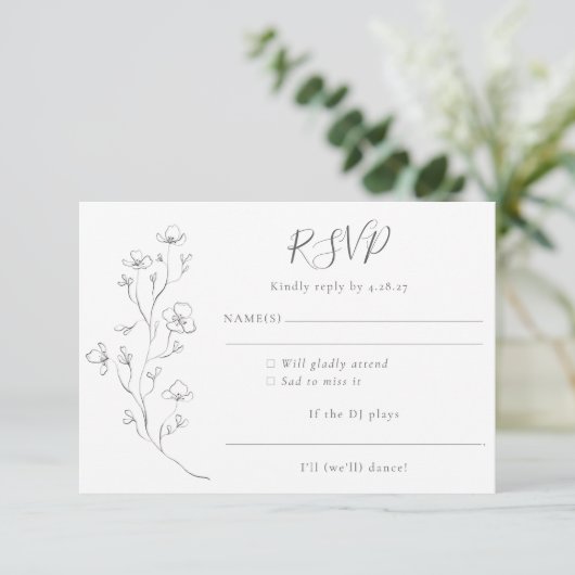 Minimalistisch Boho Schwarz-weiße Blumenhochzeit RSVP Karte (Stehend Vorderseite)