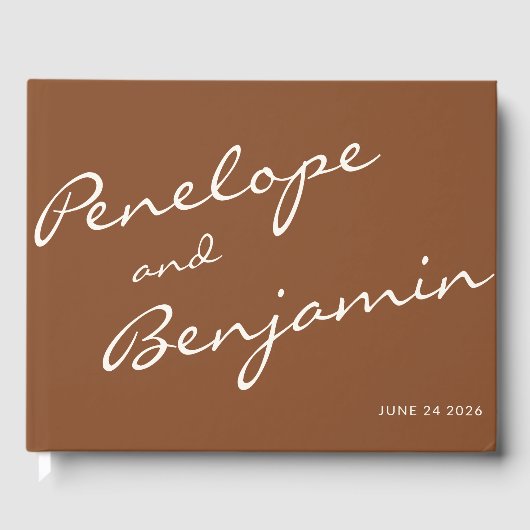 Minimalistisch Boho Script Wedding Sienna Braun Cu Gästebuch (Vorderseite)
