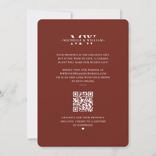 Minimalistisch Boho Spring Monogram Terracotta Wed Einladung (Rückseite)