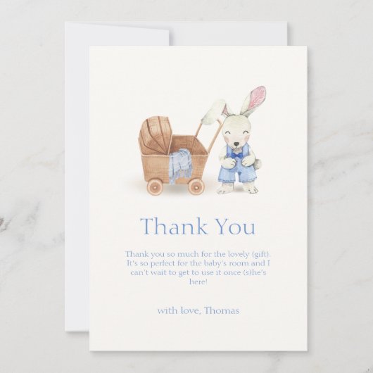 Minimalistisch Boho Stroller Rabbit Boy Babydusche Dankeskarte (Vorderseite)