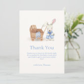 Minimalistisch Boho Stroller Rabbit Boy Babydusche Dankeskarte (Stehend Vorderseite)