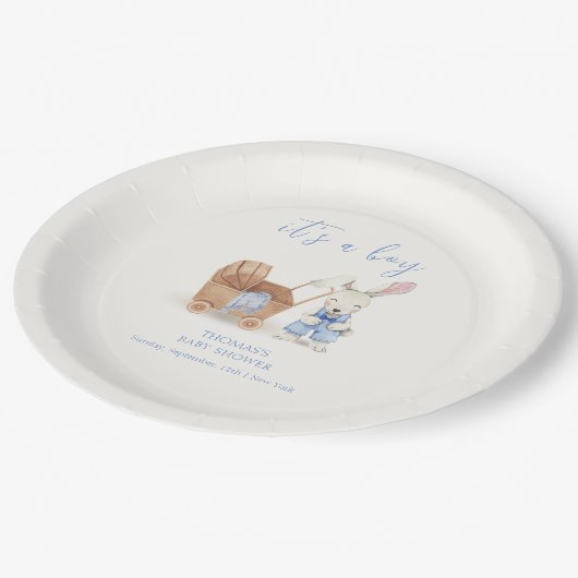 Minimalistisch Boho Stroller Rabbit Boy Babydusche Pappteller (Schrägansicht)