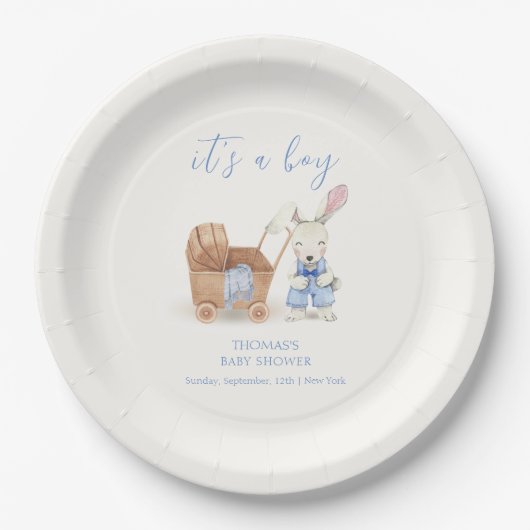 Minimalistisch Boho Stroller Rabbit Boy Babydusche Pappteller (Vorderseite)