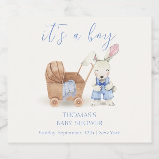 Minimalistisch Boho Stroller Rabbit Boy Babydusche Schaumweinetikett (Einzelnes Label)