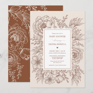 Minimalistisch Boho Terracotta Floral Line Babydus Einladung