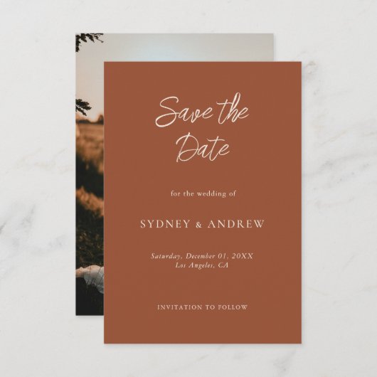 Minimalistisch Boho Terracotta Hochzeit im Herbst Save The Date (Vorne/Hinten)