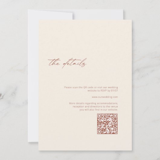 Minimalistisch Boho Terracotta QR Code Wedding Einladung (Rückseite)
