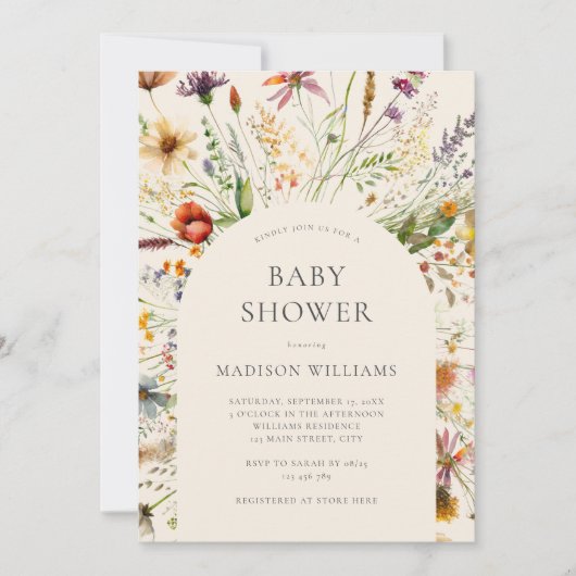 Minimalistisch Boho Wildblume Floral Baby Dusche Einladung (Vorderseite)