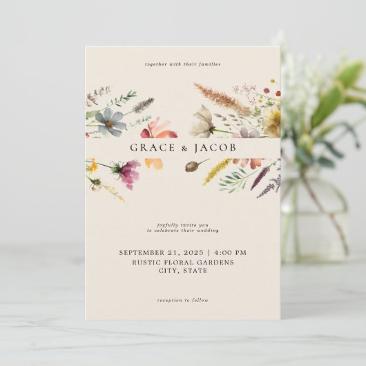 Minimalistisch Boho Wildblume Wedding Einladung (Stehend Vorderseite)