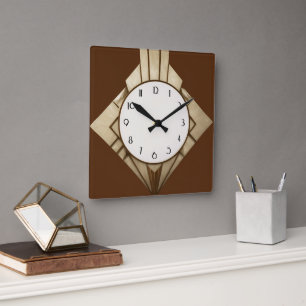 Minimalistisch-braune Art-Deco-Geometrie Quadratische Wanduhr