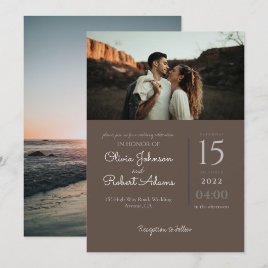 Minimalistisch Brown 2 Fotos Hochzeit Einladung (Vorne/Hinten)
