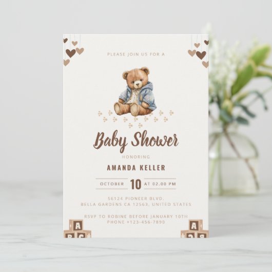 Minimalistisch Brown Teddy Bear Baby Dusche Einlad Einladung (Stehend Vorderseite)