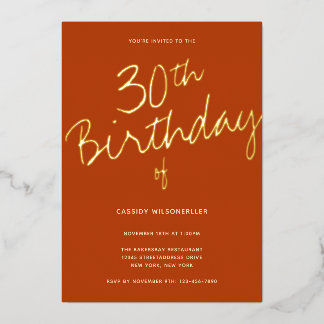 Minimalistisch Burnt Orange 30. Geburtstag Gold Folieneinladung