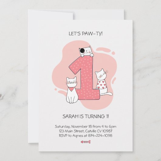 Minimalistisch Cat First Birthday Einladung (Vorderseite)