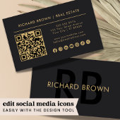 Minimalistisch Chic Black Gold Monogram QR Visitenkarte