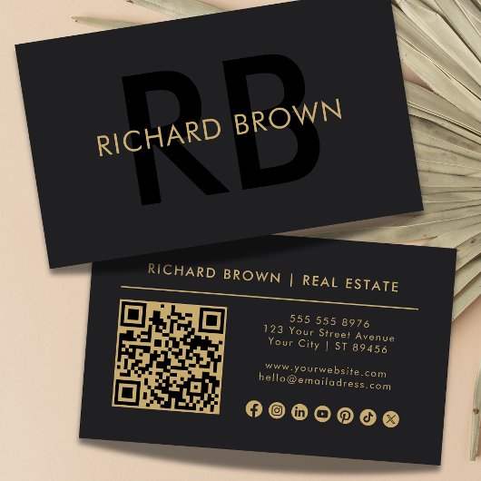 Minimalistisch Chic Black Gold Monogram QR Visitenkarte