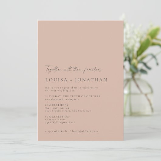 Minimalistisch Chic Classic Dusty Rose Script Wedd Einladung (Stehend Vorderseite)