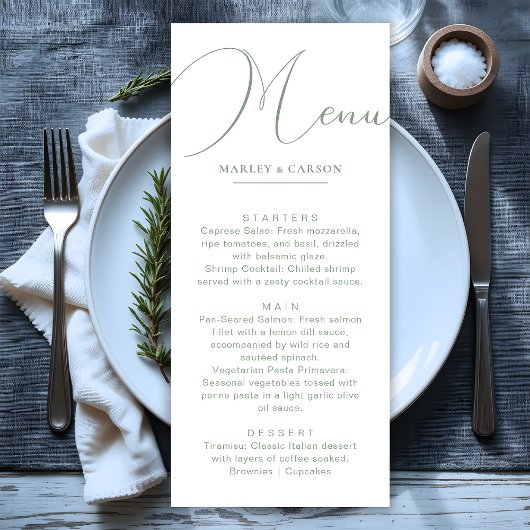 Minimalistisch Chic Sage Green Wedning Dinner Menükarte
