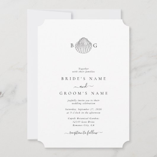 Minimalistisch Clam Seashell Monogram Wedding Einladung (Vorderseite)