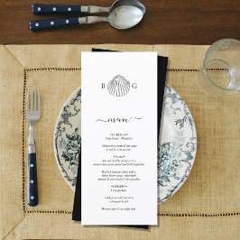 Minimalistisch Clam Seashell Monogram Wedding Menükarte