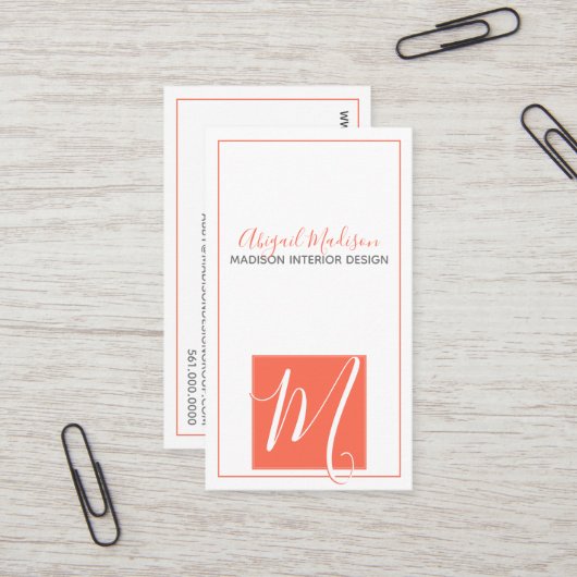 Minimalistisch Coral Elegant Script Monogram Visitenkarte (Vorderseite/Rückseite Beispiel)