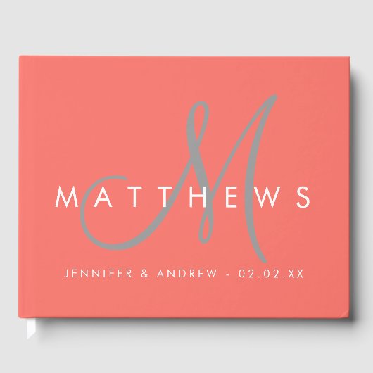 Minimalistisch Coral Modern Gray Monogram Wedding Gästebuch (Vorderseite)
