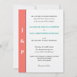 Minimalistisch Coral Turquoise Monogram Einladung