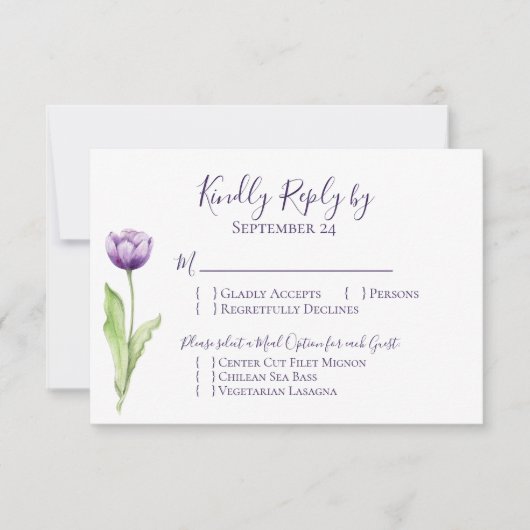Minimalistisch Deep Lila Single Tulip Wedding RSVP Karte (Vorderseite)