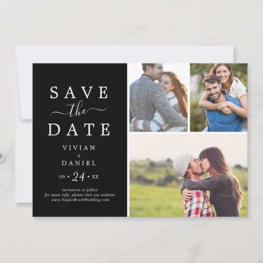 Minimalistisch | Dunkles Schwarz 3 FotoCollage Save The Date (Vorderseite)