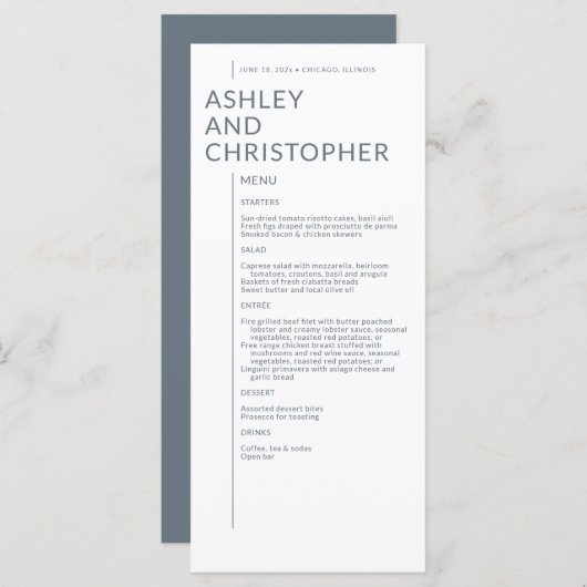 Minimalistisch Dusty Blue Abgeschieden Names Weddi Menükarte (Vorne/Hinten)
