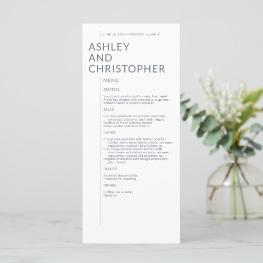 Minimalistisch Dusty Blue Abgeschieden Names Weddi Menükarte (Stehend Vorderseite)