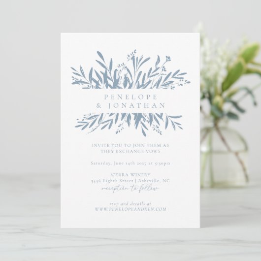 Minimalistisch Dusty Blue Boho Botanische Hochzeit Einladung (Stehend Vorderseite)