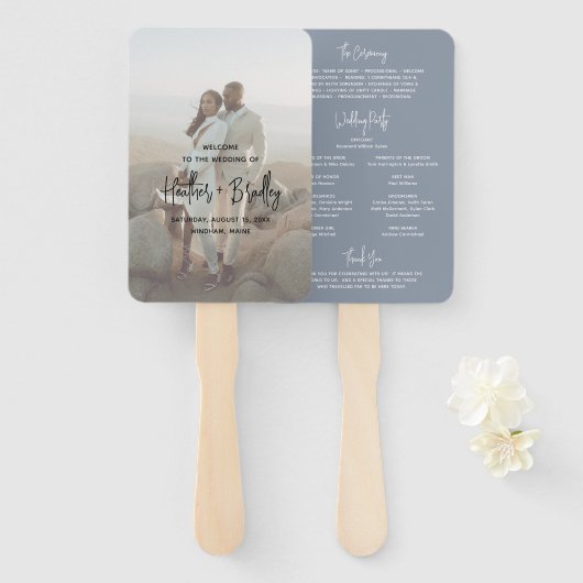 Minimalistisch Dusty Blue Foto Modernes Hochzeitsp Fächer (Vorne und Hinten)