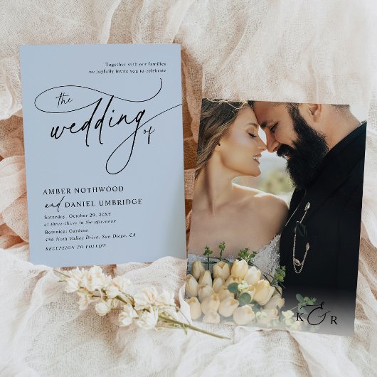 Minimalistisch Dusty Blue Modern Foto Wedding Einladung