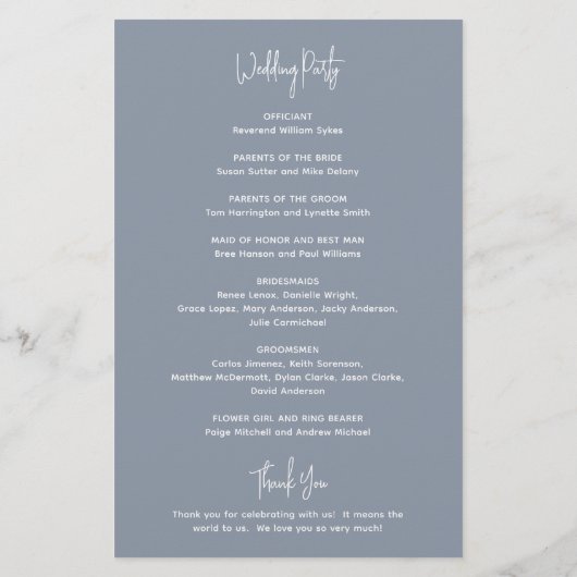 Minimalistisch Dusty Blue Modern Wedding Program (Rückseite)