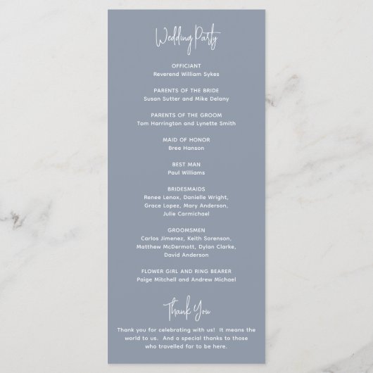 Minimalistisch Dusty Blue Modern Wedding Programm (Rückseite)