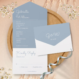Minimalistisch Dusty Blue Monogram Wedding All In One Einladung