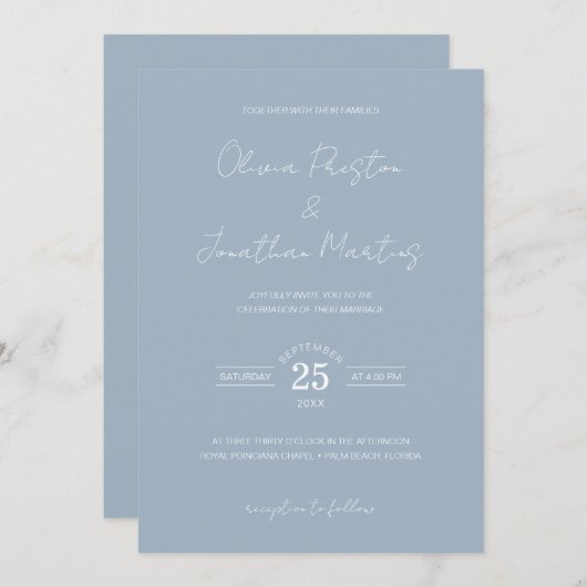 Minimalistisch Dusty Blue QR Code UAWG Wedding Einladung (Vorne/Hinten)