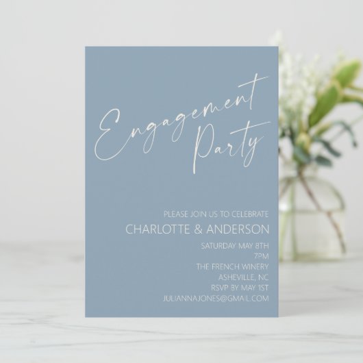 Minimalistisch Dusty Blue Script Engagement Party Einladung (Stehend Vorderseite)